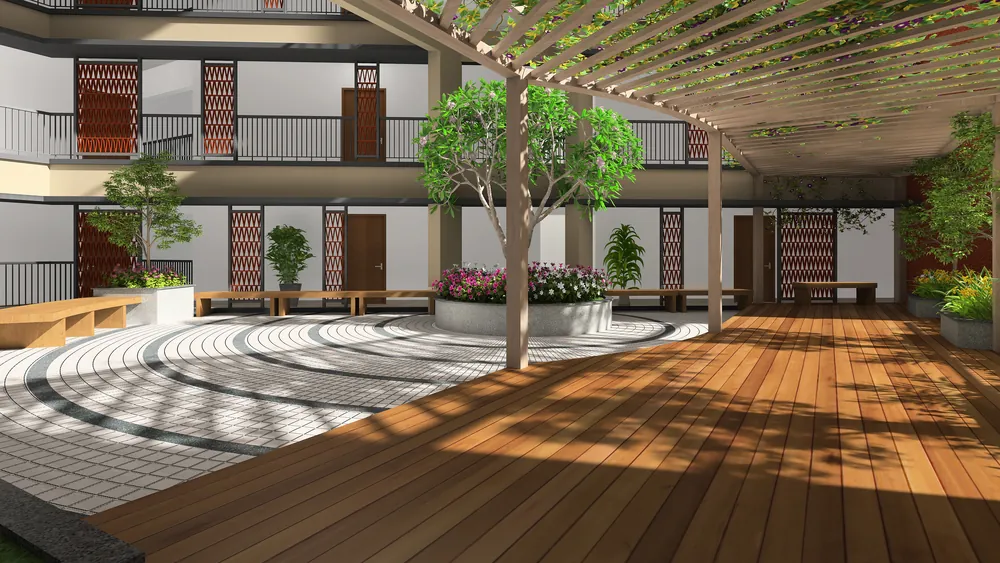 Shaded courtyard deck